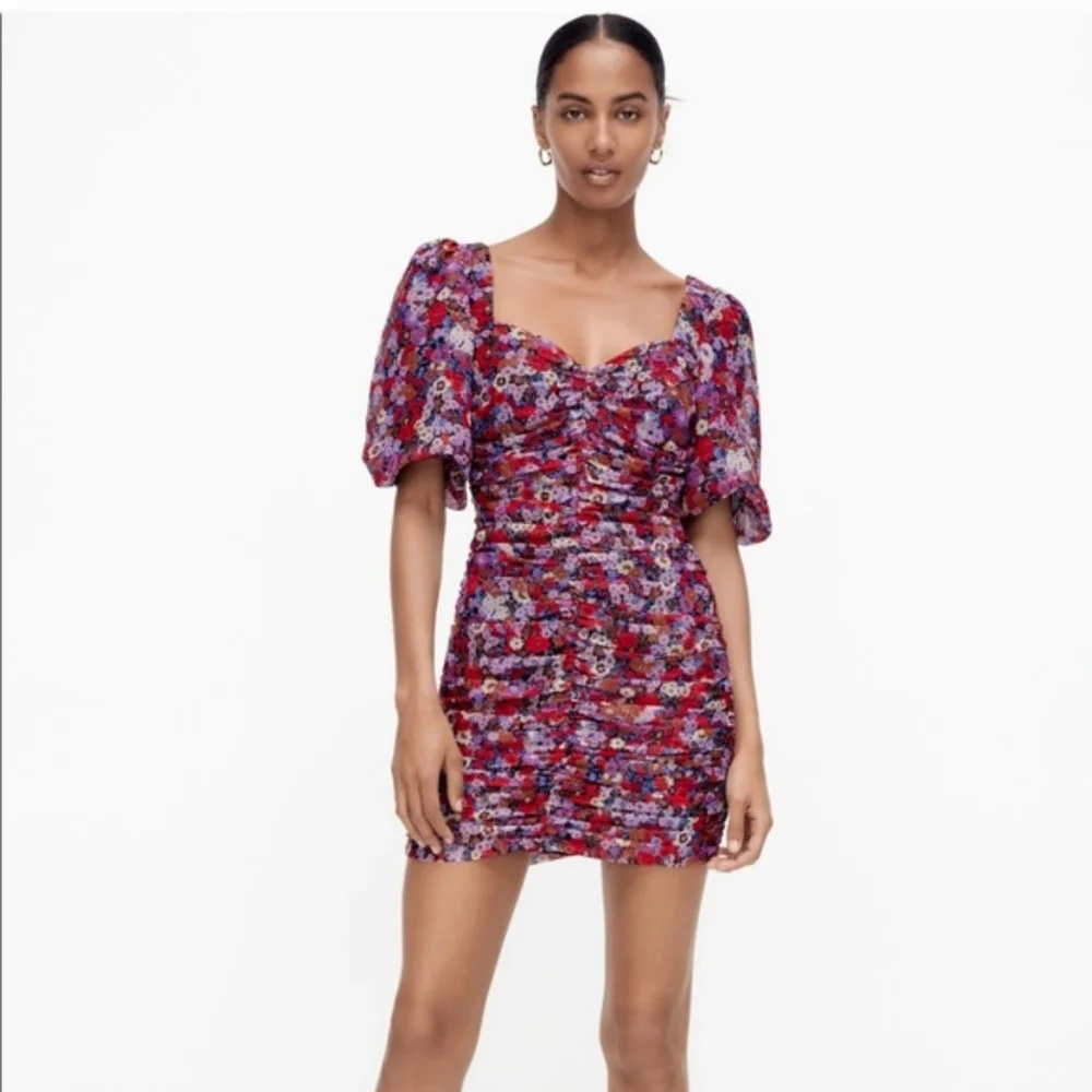 Zara Floral Ruched Puff Sleeve Date Night Ladies Night Party Mini Zip Dress
